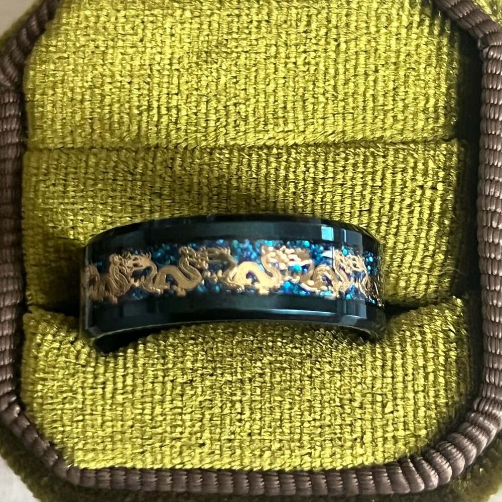 Tungsten Carbide Chinese Dragon Blue Carbon Fiber Inlay Ring Wedding Band Size 1